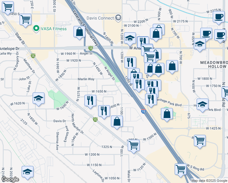 map of restaurants, bars, coffee shops, grocery stores, and more near 1204 West 1650 North in Layton
