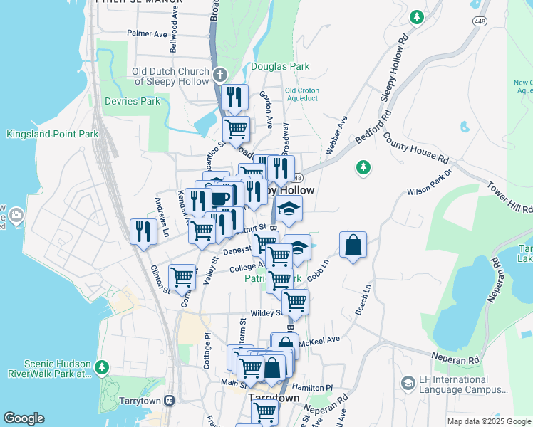 map of restaurants, bars, coffee shops, grocery stores, and more near in Sleepy Hollow