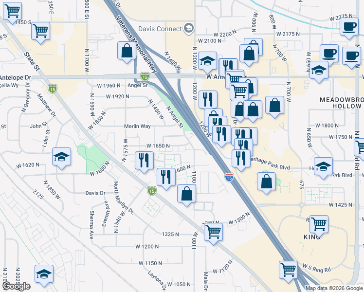 map of restaurants, bars, coffee shops, grocery stores, and more near 1204 West 1650 North in Layton