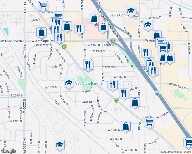 map of restaurants, bars, coffee shops, grocery stores, and more near 1681 North 1575 West in Layton
