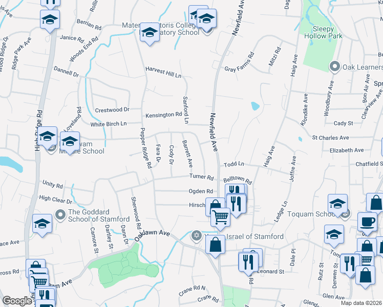 map of restaurants, bars, coffee shops, grocery stores, and more near 62 Brinckerhoff Avenue in Stamford