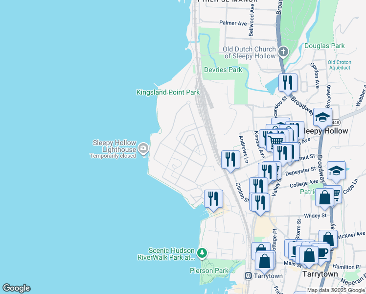 map of restaurants, bars, coffee shops, grocery stores, and more near 320 Horseman Boulevard in Sleepy Hollow