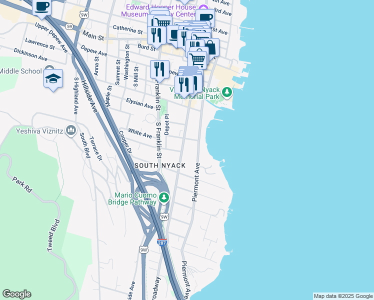 map of restaurants, bars, coffee shops, grocery stores, and more near 150 South Broadway in Nyack
