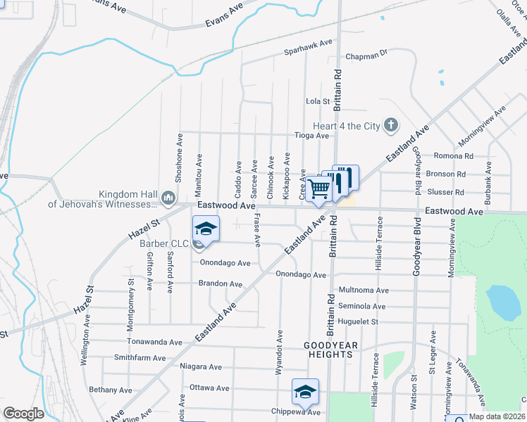 map of restaurants, bars, coffee shops, grocery stores, and more near 1325 Eastwood Avenue in Akron