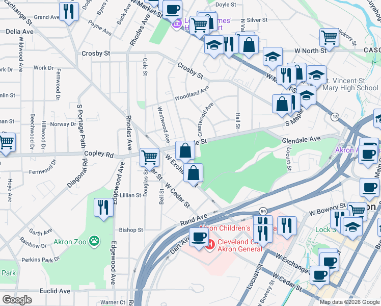 map of restaurants, bars, coffee shops, grocery stores, and more near 315 South Maple Street in Akron
