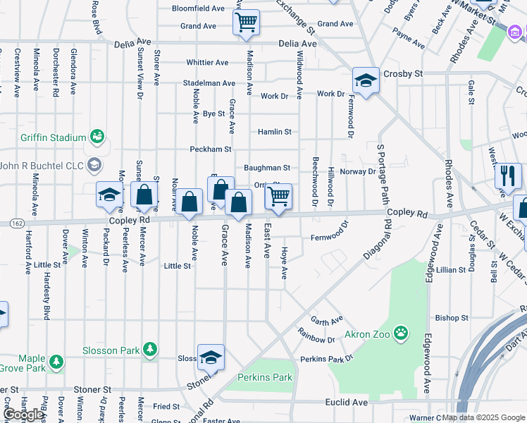 map of restaurants, bars, coffee shops, grocery stores, and more near in Akron
