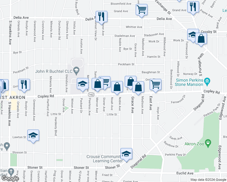 map of restaurants, bars, coffee shops, grocery stores, and more near 459 Noah Avenue in Akron
