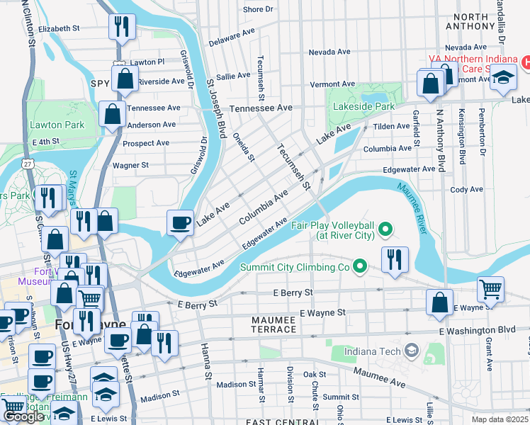 map of restaurants, bars, coffee shops, grocery stores, and more near 1036 Columbia Avenue in Fort Wayne