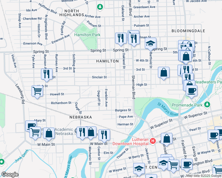 map of restaurants, bars, coffee shops, grocery stores, and more near 1110 High Street in Fort Wayne