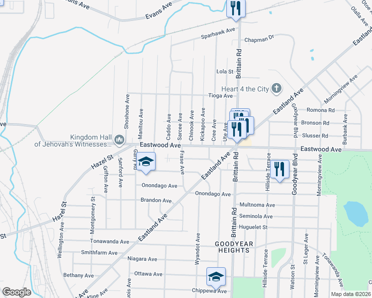 map of restaurants, bars, coffee shops, grocery stores, and more near 1325 Eastwood Avenue in Akron