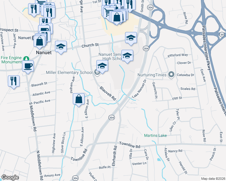 map of restaurants, bars, coffee shops, grocery stores, and more near 12 Loran Court in Nanuet