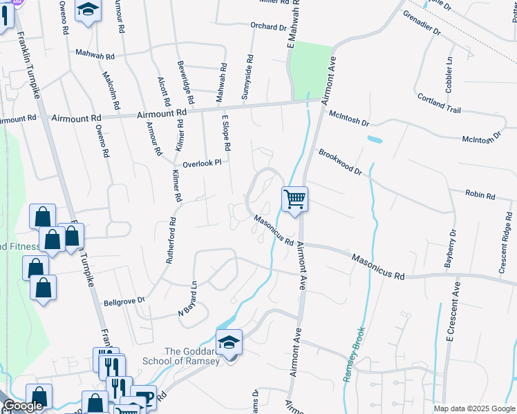 map of restaurants, bars, coffee shops, grocery stores, and more near 1299 Paddington Road in Mahwah