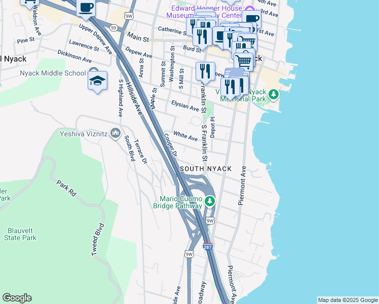 map of restaurants, bars, coffee shops, grocery stores, and more near 57 Brookside Avenue in Nyack