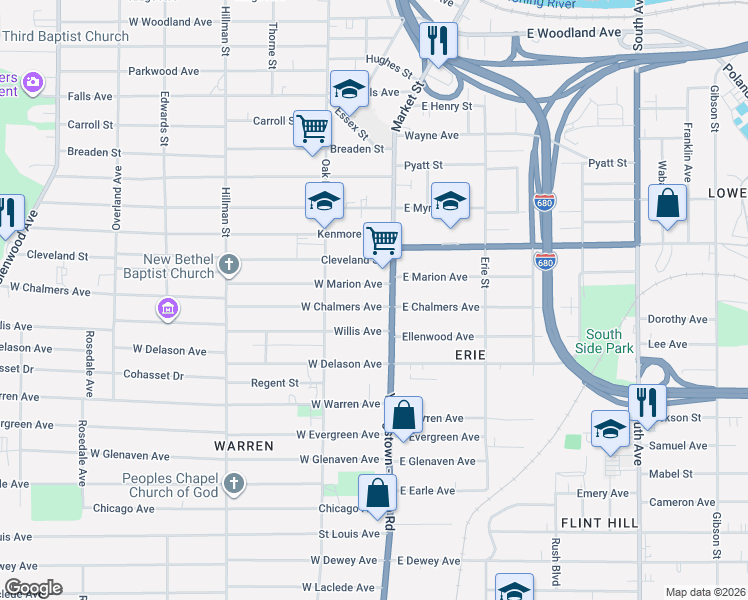 map of restaurants, bars, coffee shops, grocery stores, and more near 29 West Marion Avenue in Youngstown