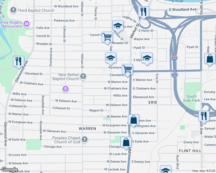map of restaurants, bars, coffee shops, grocery stores, and more near 66 West Marion Avenue in Youngstown