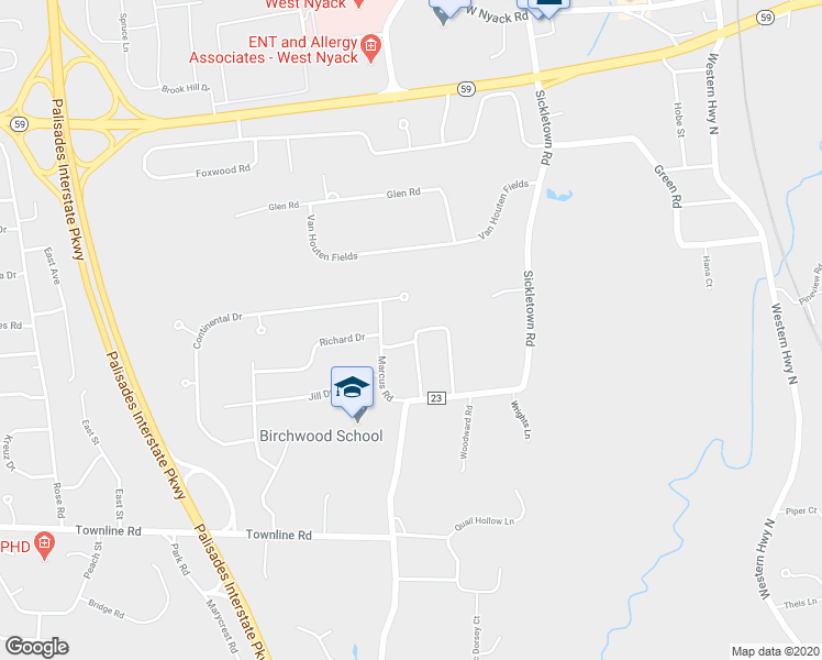 map of restaurants, bars, coffee shops, grocery stores, and more near 20 Wheeler Place West in West Nyack