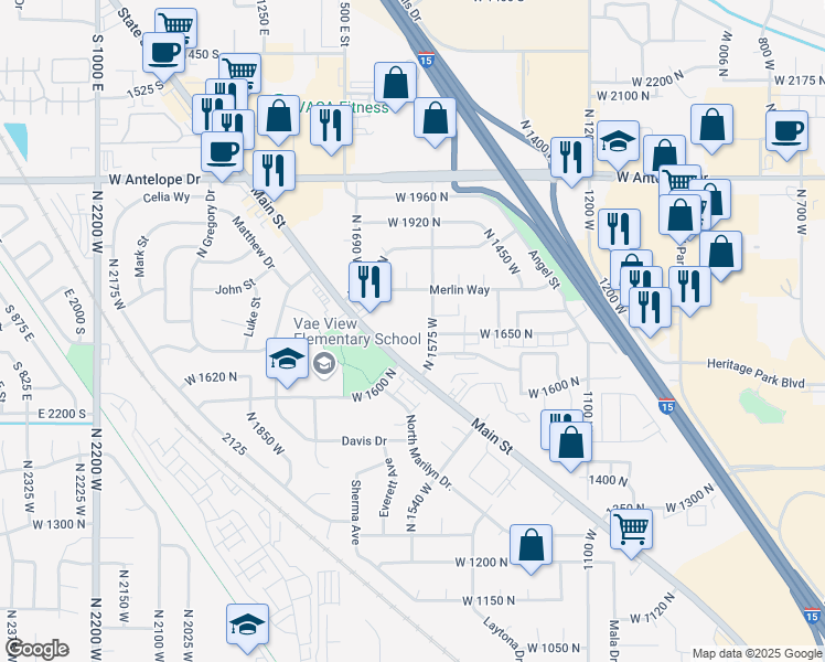 map of restaurants, bars, coffee shops, grocery stores, and more near 1688 North 1600 West in Layton