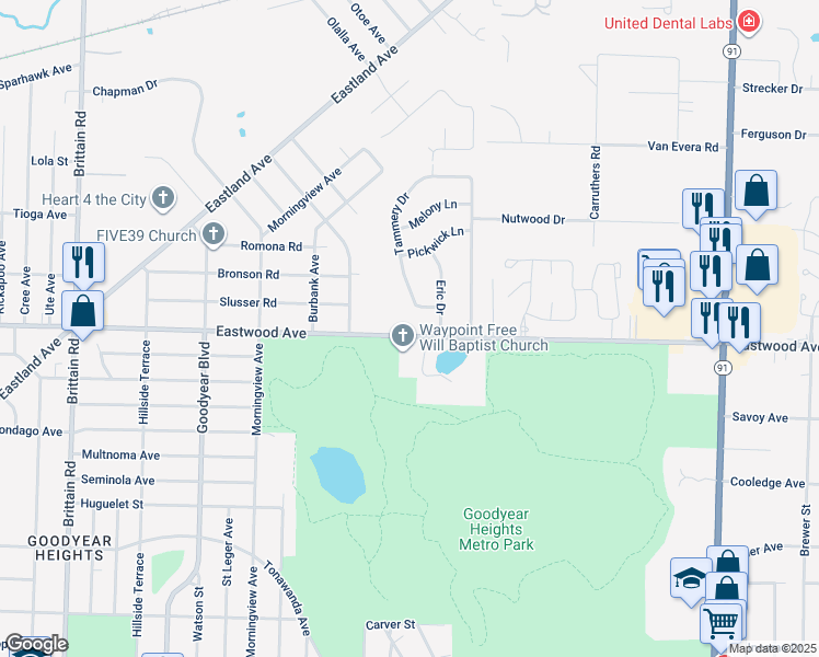 map of restaurants, bars, coffee shops, grocery stores, and more near 1801 Eastwood Avenue in Akron