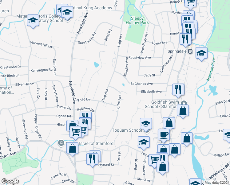 map of restaurants, bars, coffee shops, grocery stores, and more near 192 Joffre Avenue in Stamford