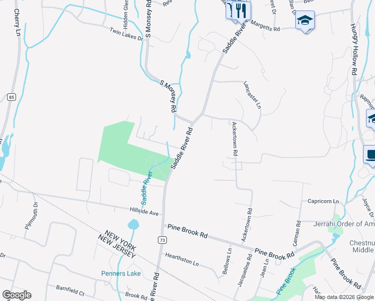 map of restaurants, bars, coffee shops, grocery stores, and more near 595 Saddle River Road in Airmont