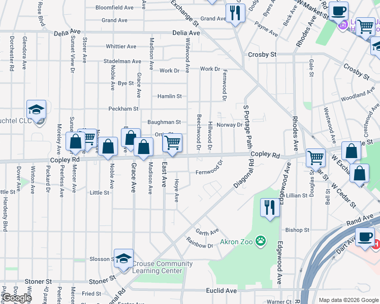 map of restaurants, bars, coffee shops, grocery stores, and more near in Akron