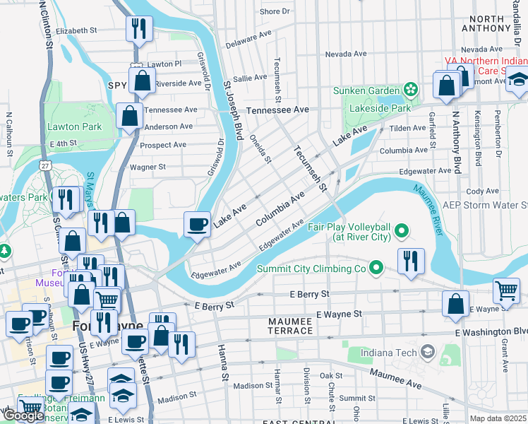 map of restaurants, bars, coffee shops, grocery stores, and more near 1018 Dearborn Street in Fort Wayne