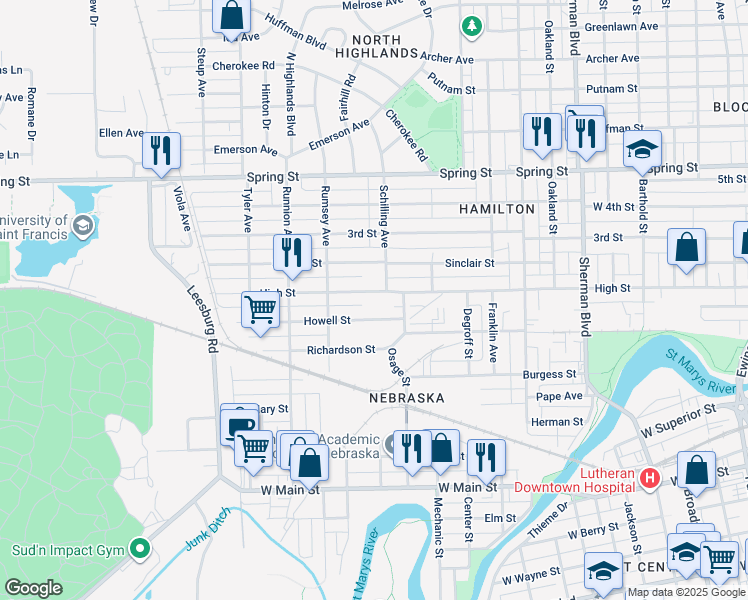 map of restaurants, bars, coffee shops, grocery stores, and more near 1618 High Street in Fort Wayne