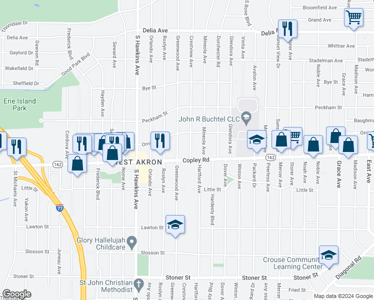 map of restaurants, bars, coffee shops, grocery stores, and more near 824 Crestview Avenue in Akron