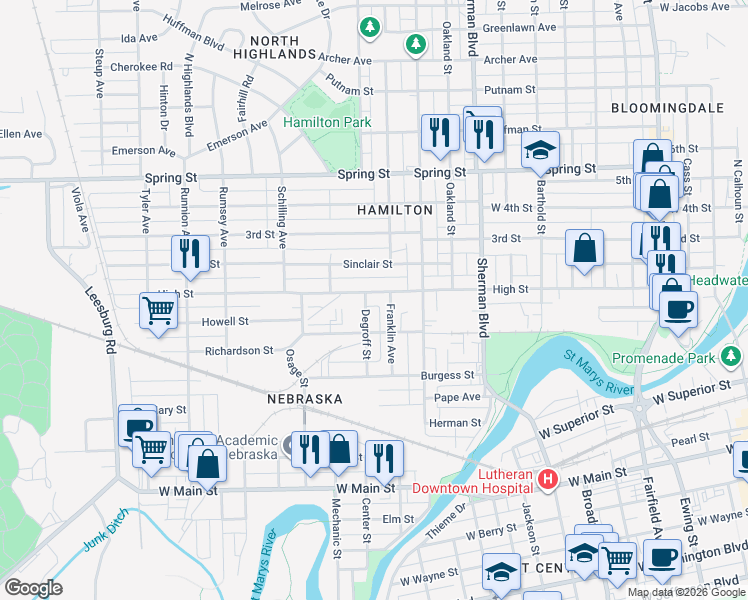 map of restaurants, bars, coffee shops, grocery stores, and more near 1215 High Street in Fort Wayne