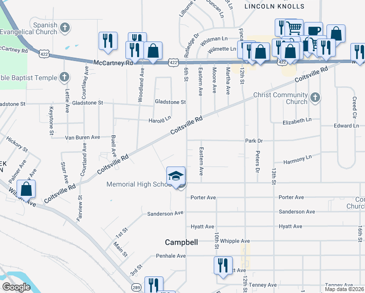 map of restaurants, bars, coffee shops, grocery stores, and more near 378 6th Street in Campbell