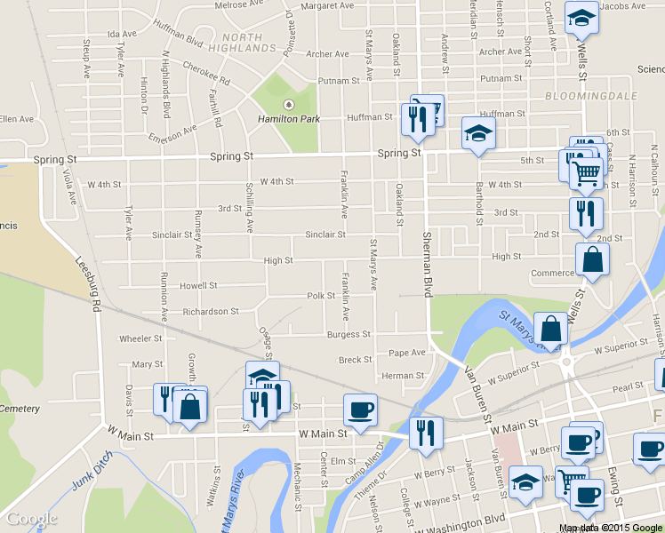 map of restaurants, bars, coffee shops, grocery stores, and more near 1213 High Street in Fort Wayne