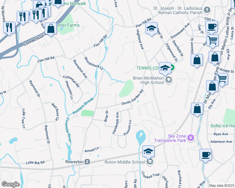 map of restaurants, bars, coffee shops, grocery stores, and more near 66 Devils Garden Road in Norwalk