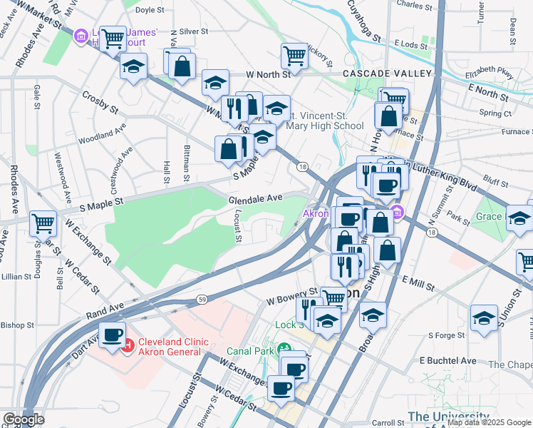 map of restaurants, bars, coffee shops, grocery stores, and more near 125 Oak Park Drive in Akron