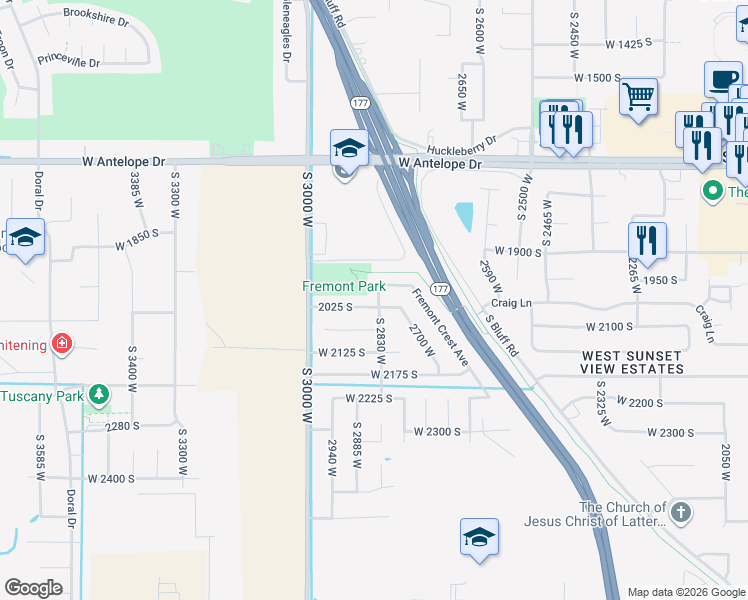 map of restaurants, bars, coffee shops, grocery stores, and more near 2852 West 2025 South in Syracuse