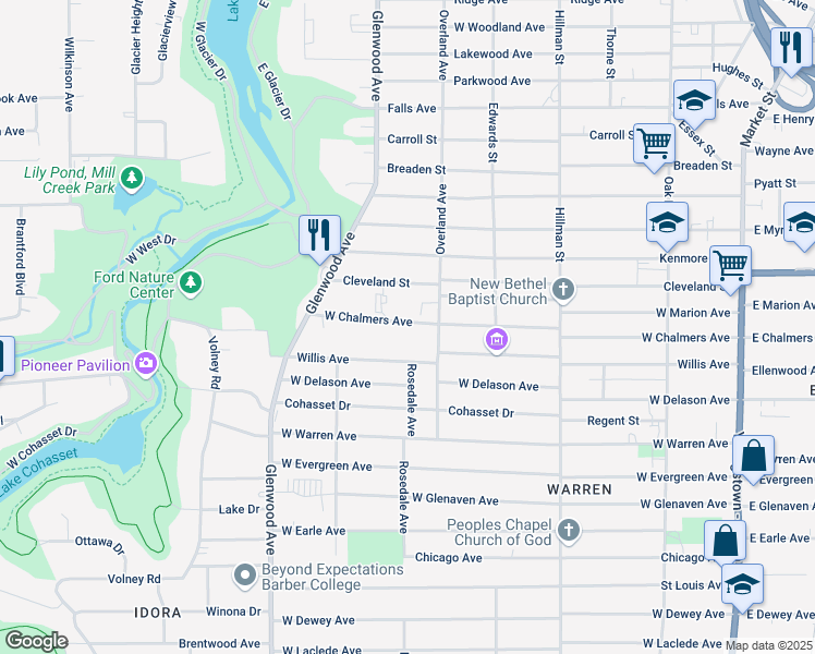 map of restaurants, bars, coffee shops, grocery stores, and more near 525 West Chalmers Avenue in Youngstown