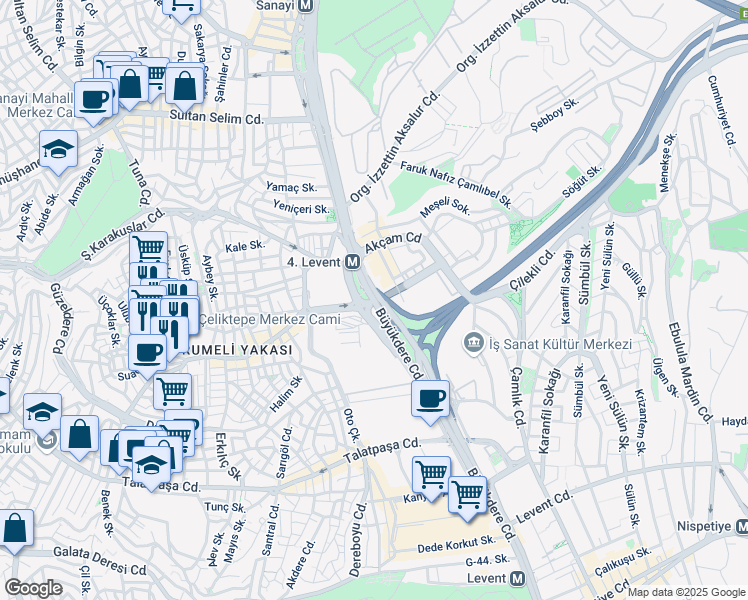 map of restaurants, bars, coffee shops, grocery stores, and more near 219 Büyükdere Caddesi in Şişli
