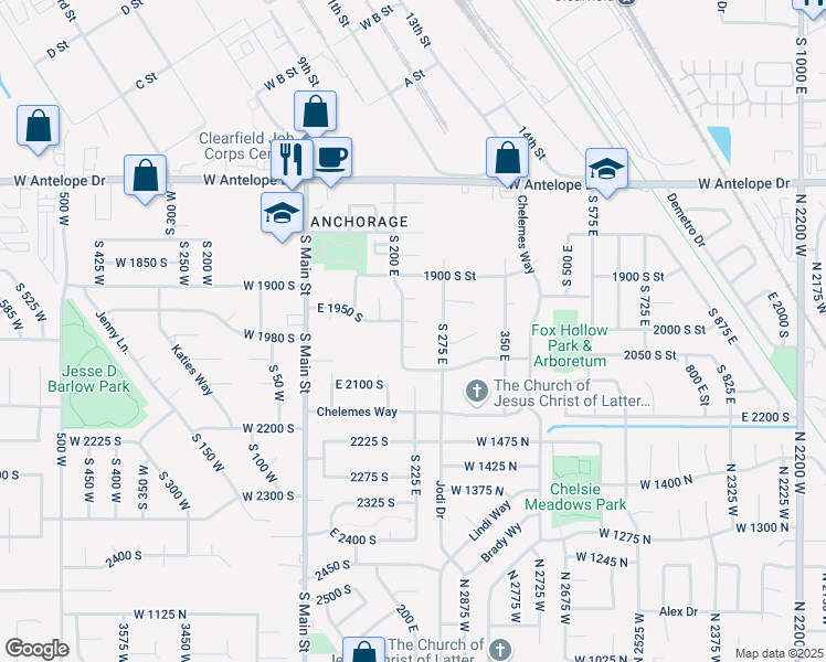 map of restaurants, bars, coffee shops, grocery stores, and more near 224 East 1950 South in Clearfield