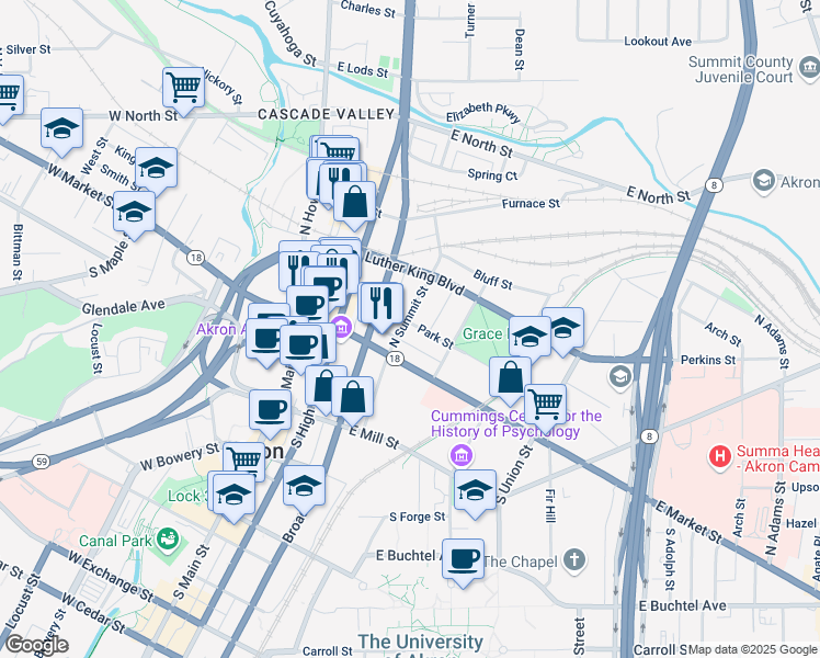 map of restaurants, bars, coffee shops, grocery stores, and more near 31 North Summit Street in Akron
