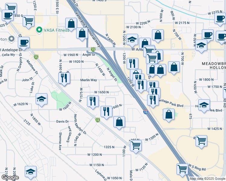 map of restaurants, bars, coffee shops, grocery stores, and more near 1401 West 1650 North in Layton