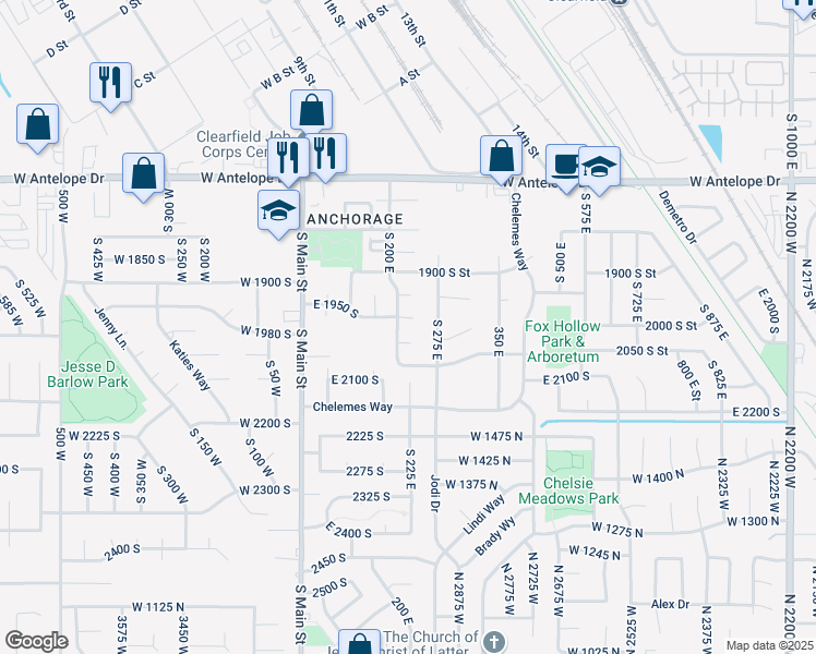 map of restaurants, bars, coffee shops, grocery stores, and more near 224 East 1950 South in Clearfield