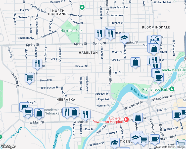 map of restaurants, bars, coffee shops, grocery stores, and more near 1110 High Street in Fort Wayne