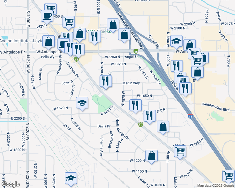 map of restaurants, bars, coffee shops, grocery stores, and more near 1696 North 1600 West in Layton