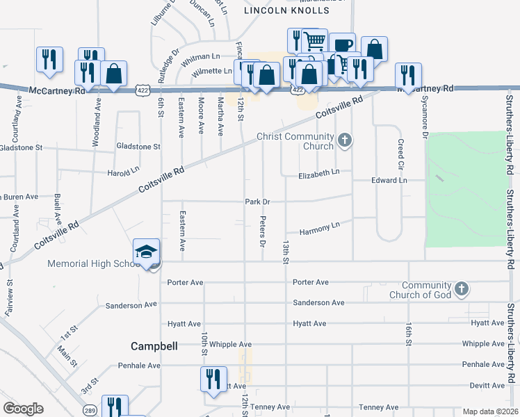 map of restaurants, bars, coffee shops, grocery stores, and more near 331 Park Drive in Campbell