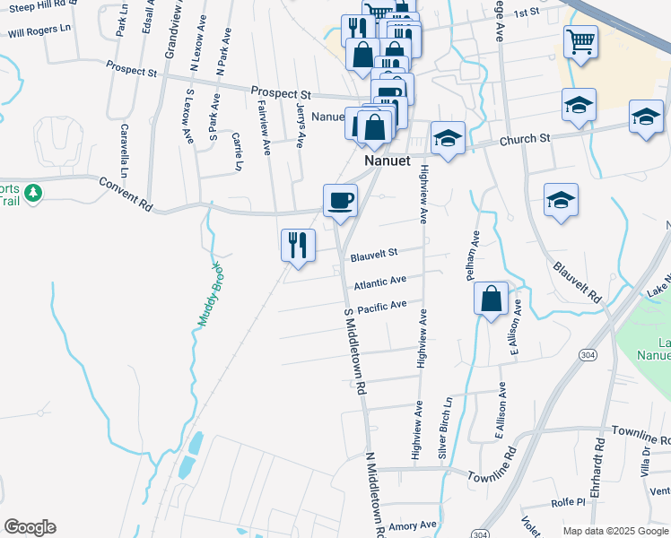 map of restaurants, bars, coffee shops, grocery stores, and more near 4 Rockland Avenue in Nanuet