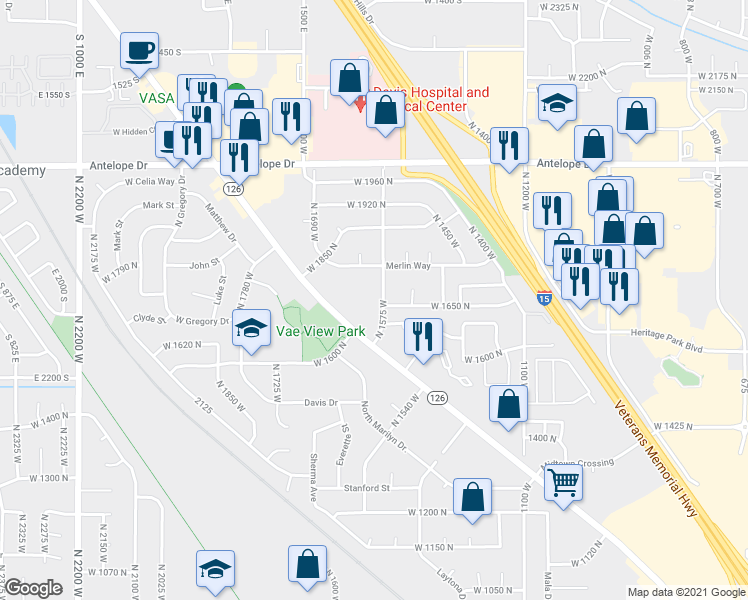 map of restaurants, bars, coffee shops, grocery stores, and more near 1681 North 1575 West in Layton