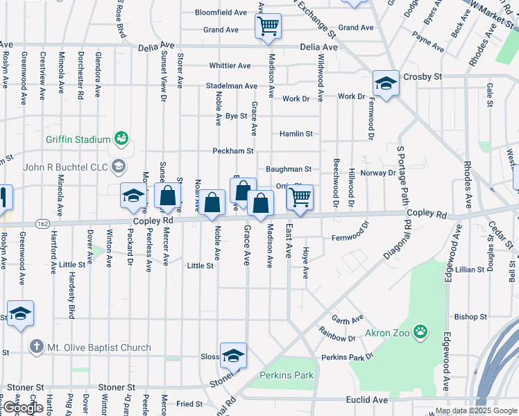 map of restaurants, bars, coffee shops, grocery stores, and more near 456 Grace Avenue in Akron