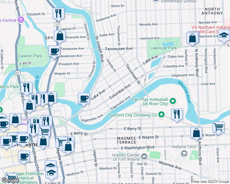 map of restaurants, bars, coffee shops, grocery stores, and more near 1018 Dearborn Street in Fort Wayne