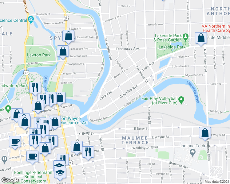 map of restaurants, bars, coffee shops, grocery stores, and more near 932 Lake Avenue in Fort Wayne