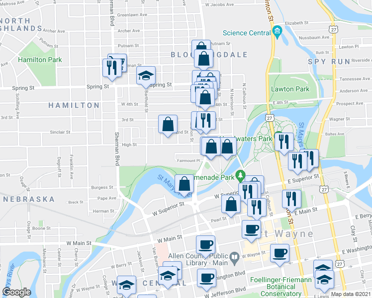 map of restaurants, bars, coffee shops, grocery stores, and more near 517 High Street in Fort Wayne