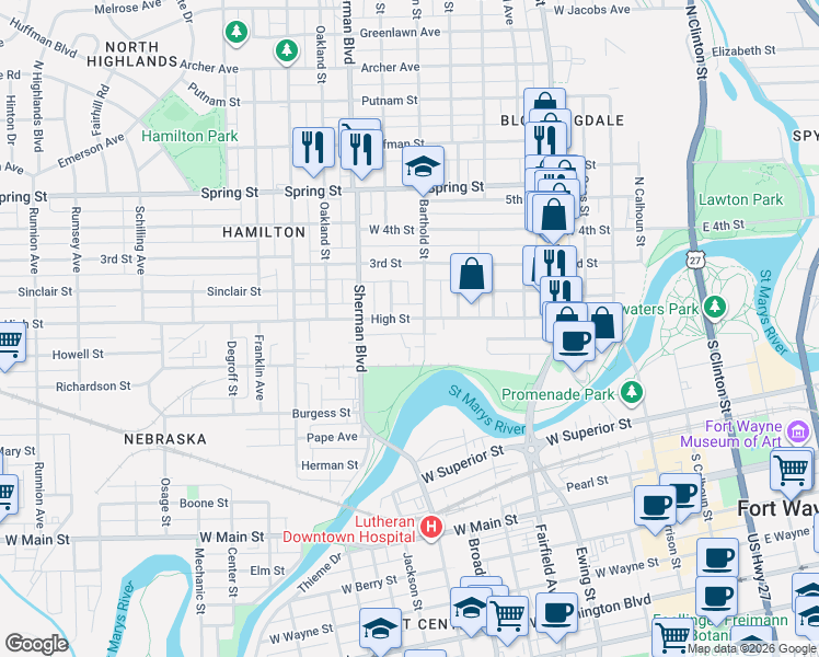 map of restaurants, bars, coffee shops, grocery stores, and more near 733 High Street in Fort Wayne